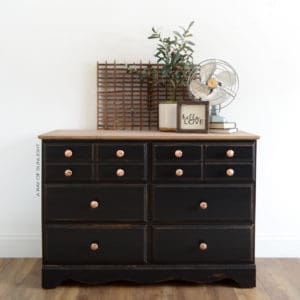 Vintage Dresser Painted Black with Gold Knobs and Rustic Wood Top