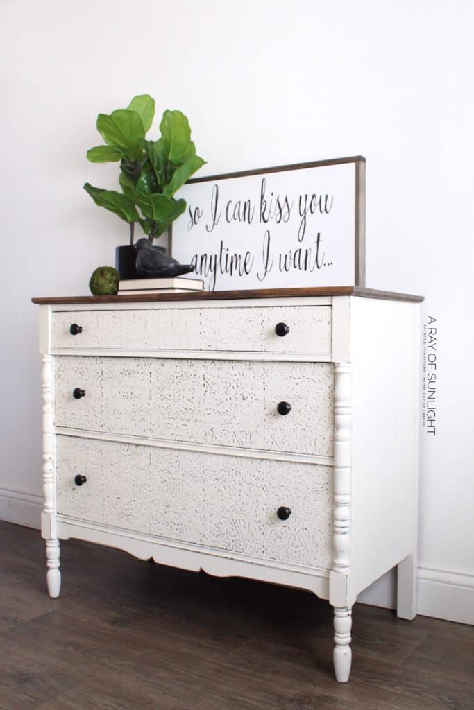 Creamy White Shabby Farmhouse Vintage Dresser with Textured Drawer Fronts and New Wood Walnut Stained Top | This dresser would be great as an entry table, sofa table, buffet, coffee bar, TV Stand or changing table in a nursery room. Its not just a dresser anymore!