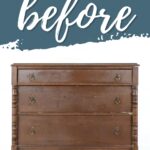 A vintage wooden dresser with three drawers, labeled before on a blue and white background.