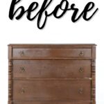A worn, brown wooden dresser with three drawers, labeled before in large script above.