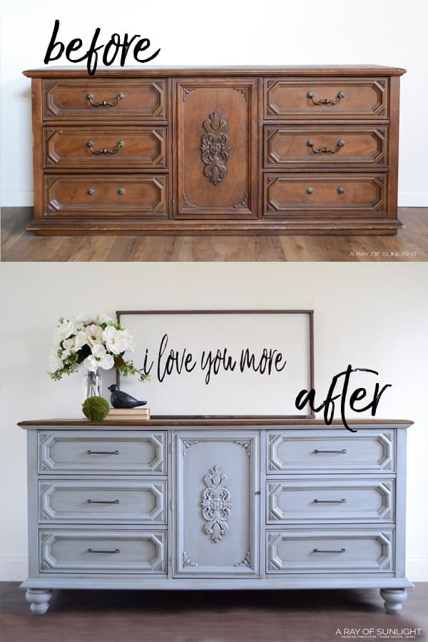 before and after photo of a cheap dresser that we painted and added legs to it
