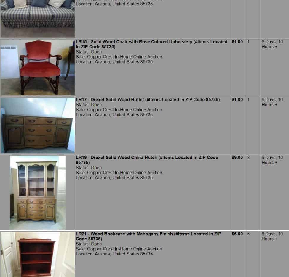 screenshot of where to find cheap furniture online on an online auction