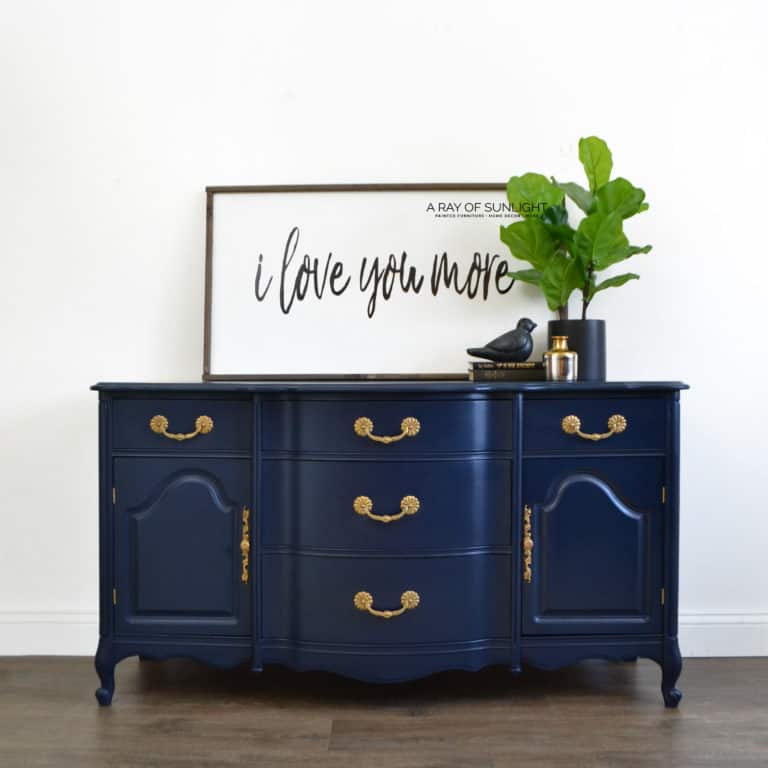 navy blue painted buffet with gold hardware