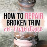 A piece of wooden furniture with damaged trim, labeled before and after for a repair tutorial.