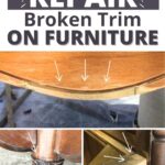 How to repair broken trim on furniture with arrows pointing to damaged areas on wooden pieces.