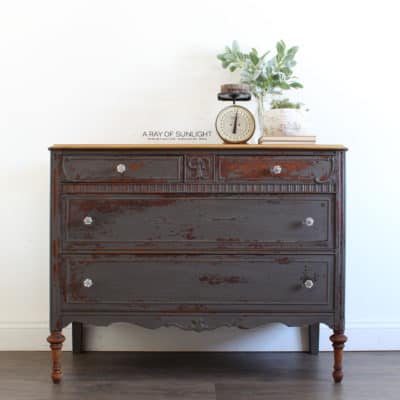 Magnolia Pier Farmhouse Milk Paint Chippy Dresser with Clear Knobs Painted by A Ray of Sunlight