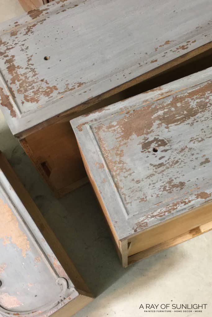 Dresser drawers with chippy milk paint showing wood underneath
