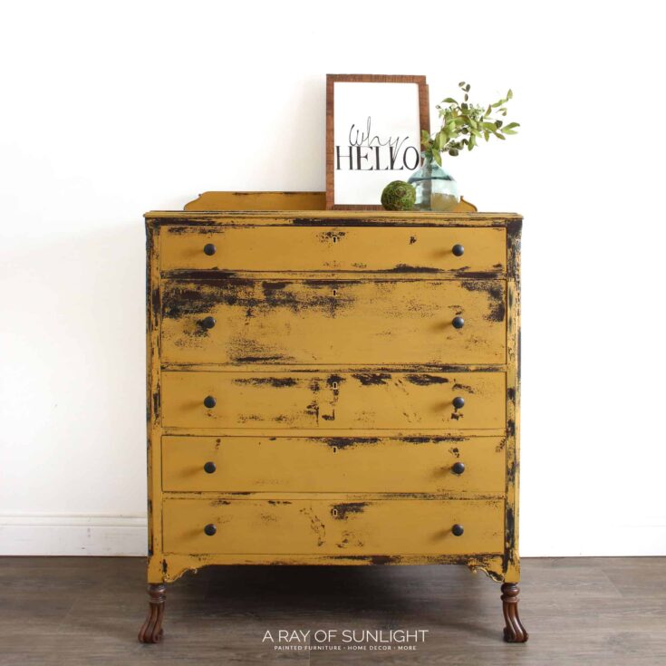 chippy mustard yellow tall farmhouse dresser after the makeover