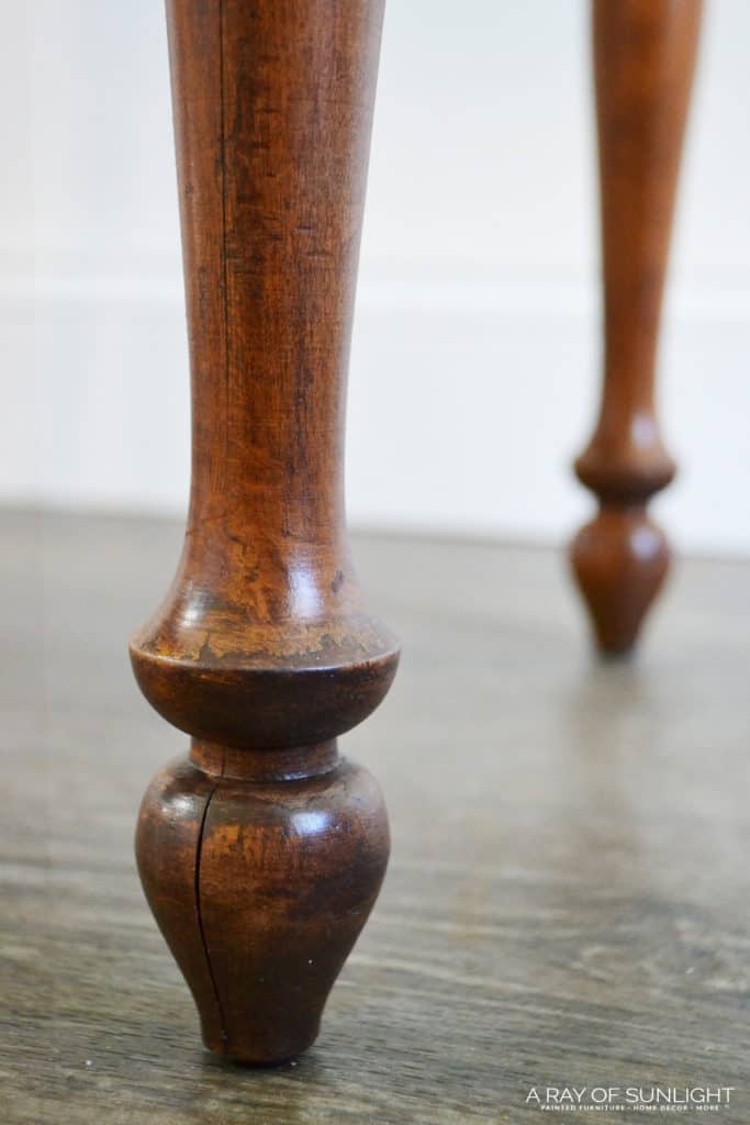 Closeup of refinished old furniture legs