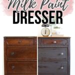 A dresser split in half showing before with worn wood and after with chippy gray milk paint.