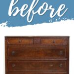 A vintage wooden dresser with four drawers and a before label above it on a blue background.
