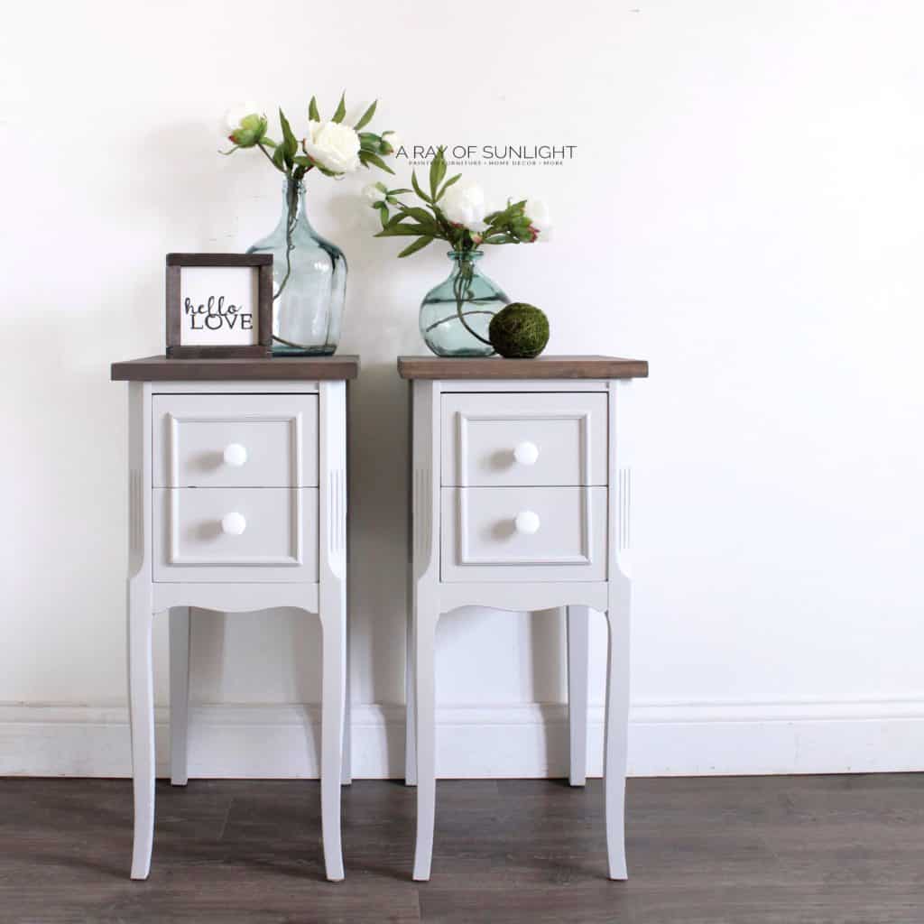 Gray and Wood Nightstands White Knobs