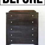 A dark wood vintage dresser with five drawers, shown under a large “BEFORE” sign.