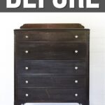 A dark wood vintage dresser with five drawers and round knobs, labeled BEFORE at the top.