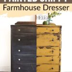 A dark wooden dresser shown half unpainted (before) and half distressed yellow (after), with decor on top.