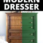A dresser half painted green, showing a before and after transformation