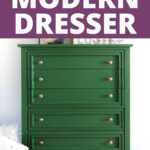 A green painted modern dresser with gold knobs