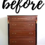 A vintage wooden dresser with brass handles, labeled before in large script above it.