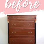 A vintage wooden dresser with gold accents and the word before written above in large script.