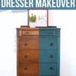 A dresser split vertically, half natural wood and half teal painted, showing a before and after makeover.