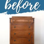 A vintage wooden dresser with four drawers against a white wall, labeled before at the top.