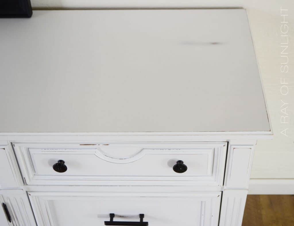Top view of White Painted Dresser with distressed edges