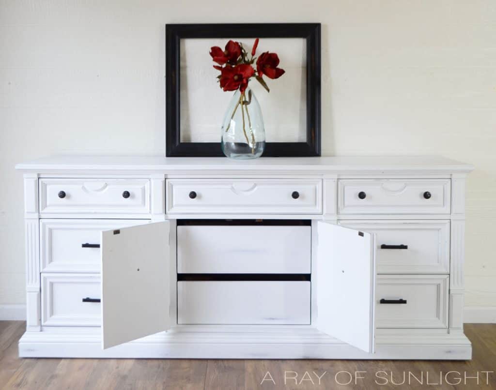 Painted White Dresser full view with middle cabinet doors open