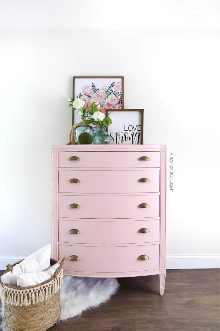 painted pink vintage dresser with gold hardware