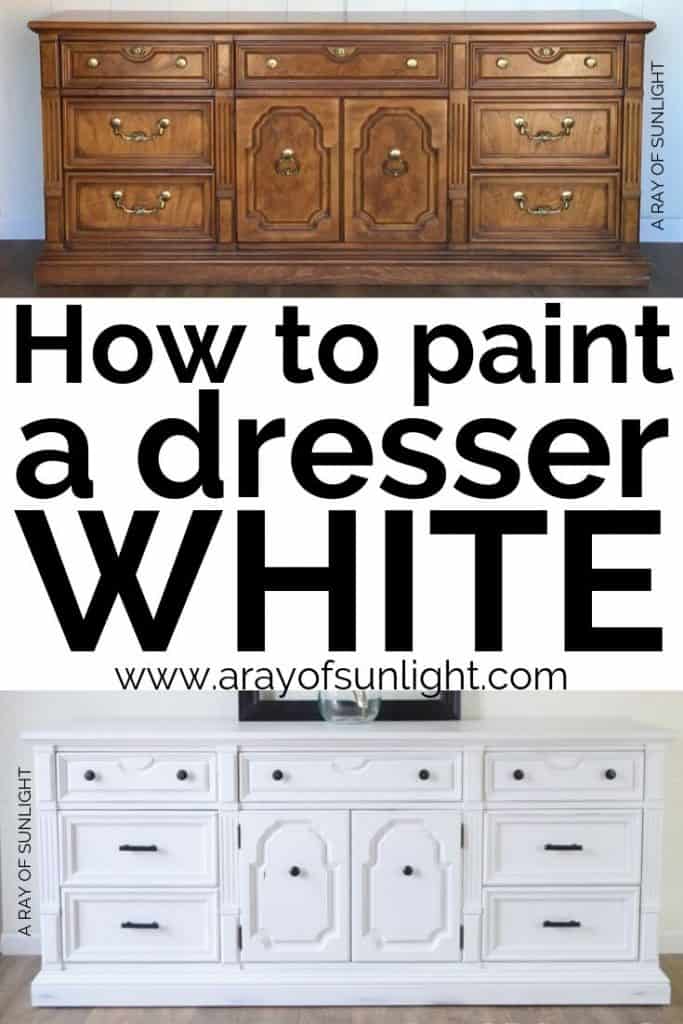 Before and after of a Thomasville dresser getting painted white