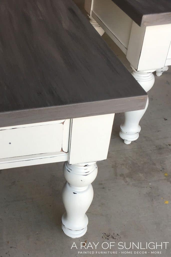 White Farmhouse End Tables With Weathered Wood Tops - How To Chalk Paint A Table Top