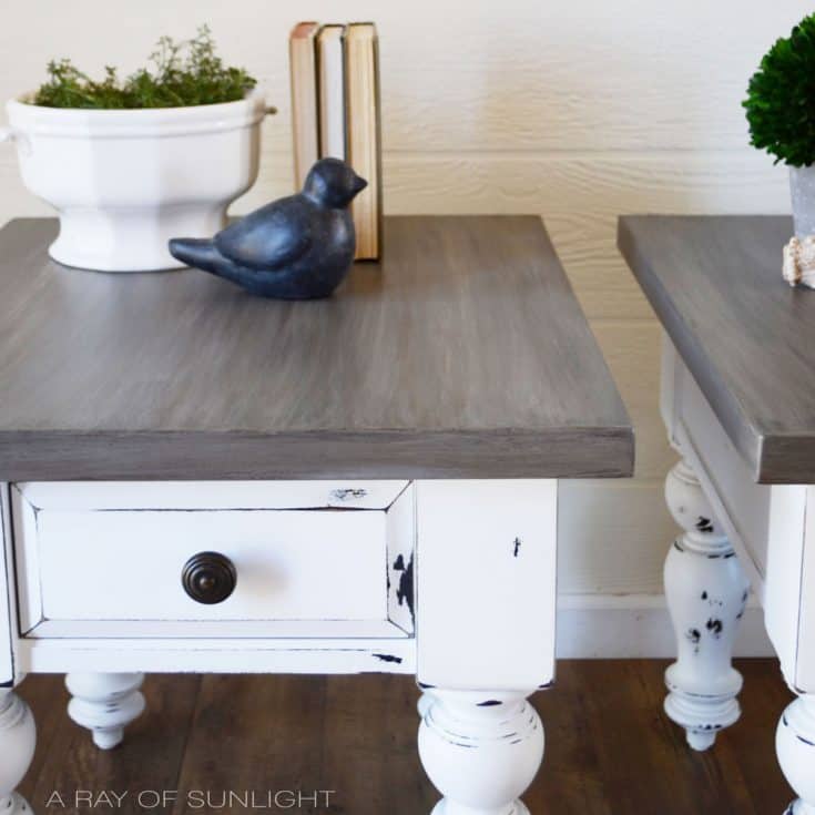White farmhouse table with weathered wood gray top