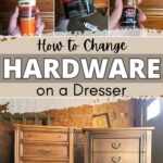 Collage showing wood fillers and two dressers before and after changing their hardware.