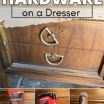 A dresser with old hardware, wood filler, Bondo, and KwikWood products shown for a hardware update project.