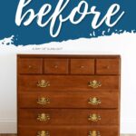 A wooden dresser with brass handles against a white wall, labeled before in large script at the top.