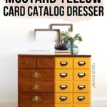 A dresser with one side wood and one side painted mustard yellow, labeled Before and After.