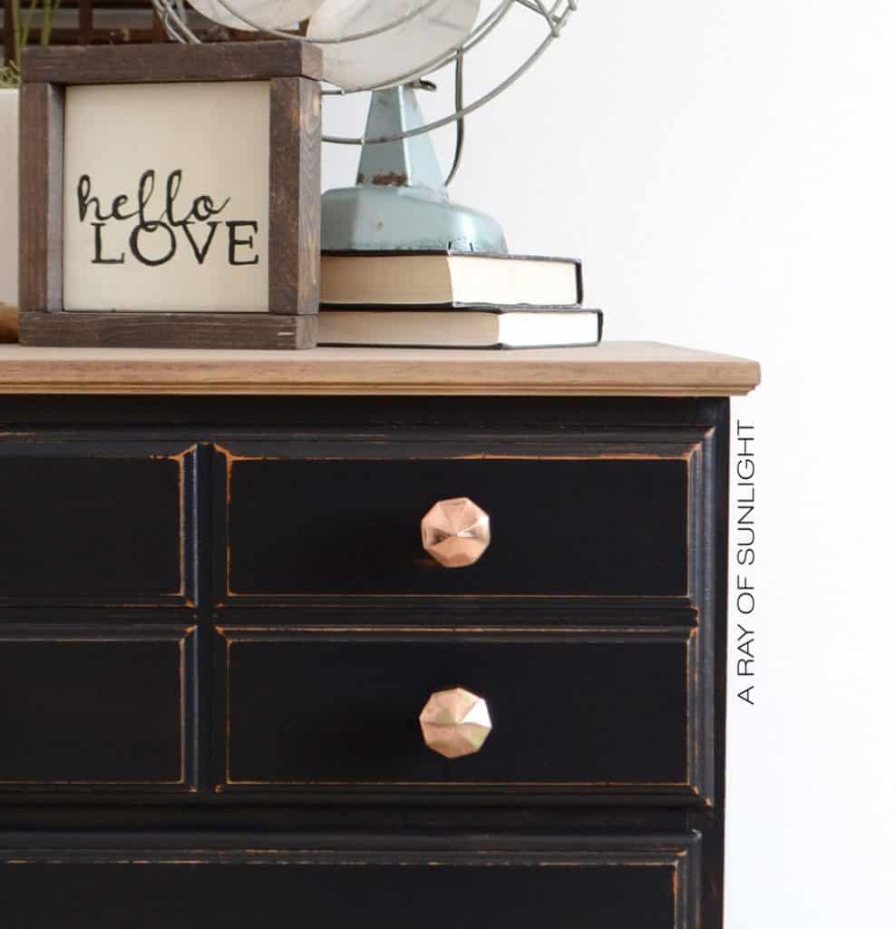 black painted and distressed dresser with stained wood top