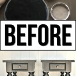 Paint supplies above, BEFORE text in center, and two dark wood side tables with drawers at the bottom.