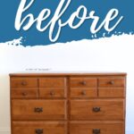 A wooden dresser with six drawers under a blue banner that says before in white script.