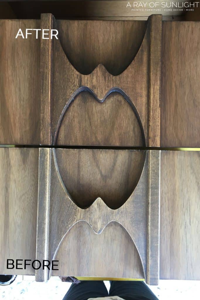 Closeup of drawer after and before staining