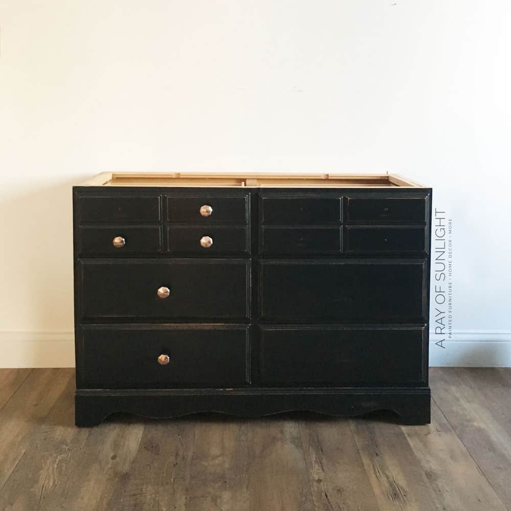 black painted dresser with the top removed