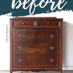 A vintage wooden dresser with four drawers, labeled before above in large script text.