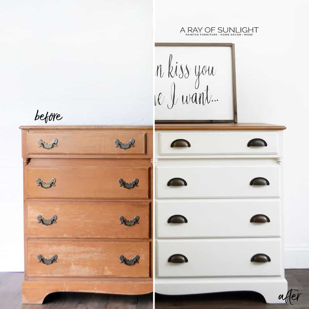Cream Distressed Dresser before and after getting painted