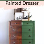 A dresser split in half showing a wood finish on the left and emerald green paint on the right.
