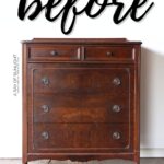 Vintage wooden dresser with ornate legs and silver knobs, labeled before in bold script above it.