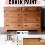 A wooden dresser before and after being spray-painted white with chalk paint; text describes the process.