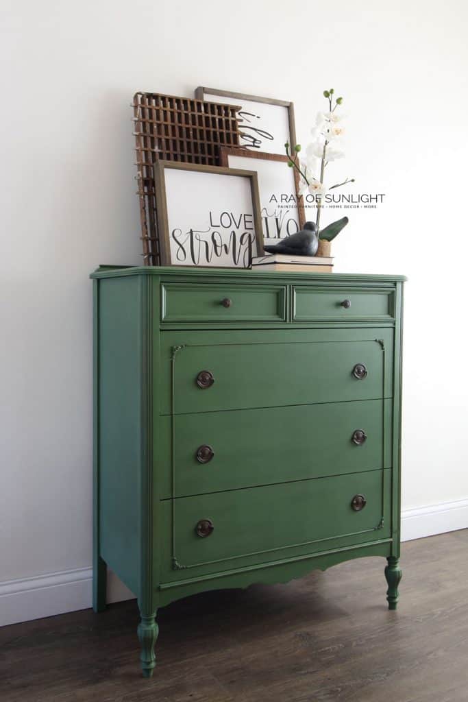 side angle of emerald green painted dresser