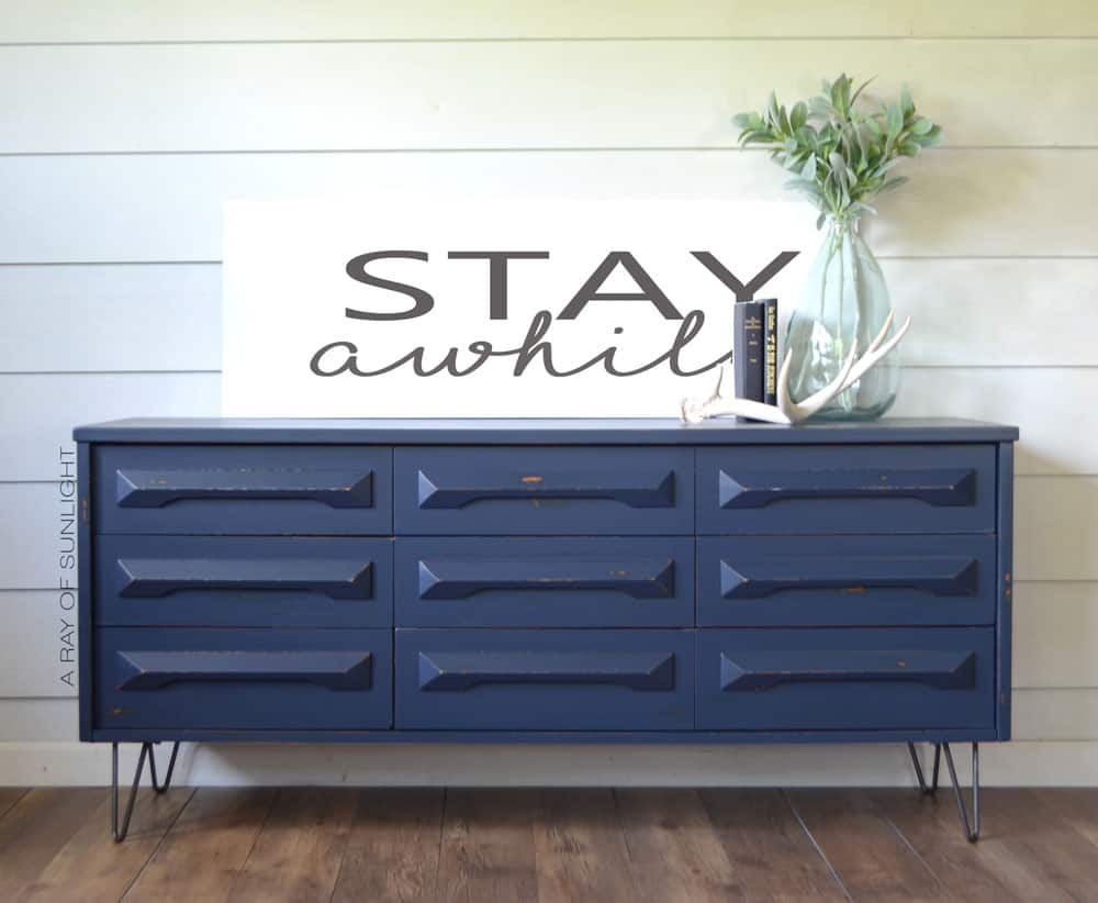 another photo of the blue painted dresser with hairpin legs