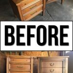 Two wooden nightstands with drawers and brass handles, shown together in a garage before refinishing.