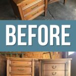 Two wooden nightstands shown in a garage before any refinishing or painting work.