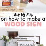 Hand painting wood with primer; tutorial text and a I love you more wood sign on a shelf with arrows pointing to it.